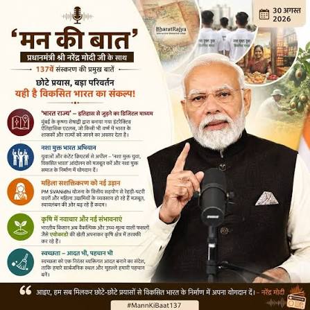 प्रधानमंत्री  मोदी के लोकप्रिय रेडियो कार्यक्रम मन की बात के 137वें संस्करण का प्रसारण प्रधानमंत्री ने युवाओं से की नशा मुक्त युवा फॉर विकसित भारत अभियान से जुड़ने की अपील देश में तेजी से आगे बढ़ रहा है नशा मुक्त युवा फॉर विकसित भारत अभियान : मुख्यमंत्री डॉ. यादव
